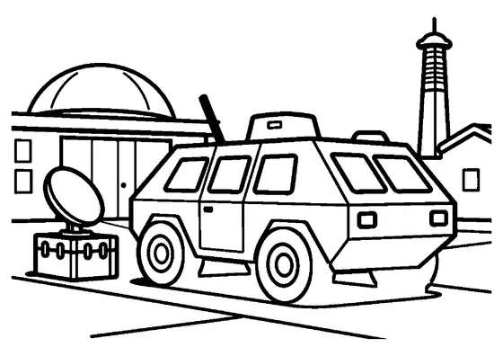 An armored vehicle beside an antenna in the yard of a modern radar hangar.