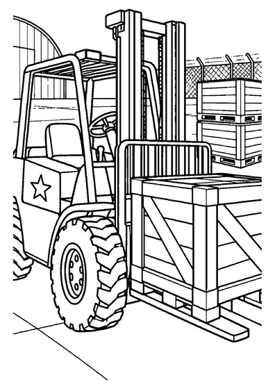 Army forklift with a white star and big off-road tires lifting a wooden crate in a fenced supply yard by an arched hangar