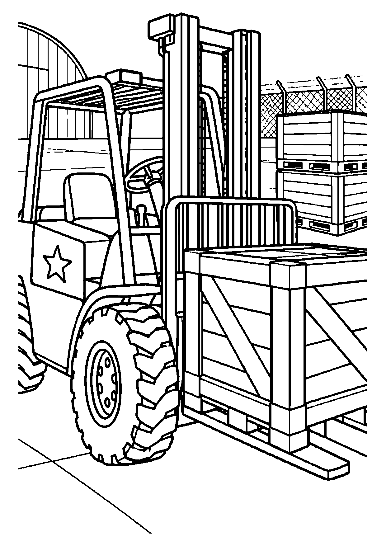Army forklift with a white star and big off-road tires lifting a wooden crate in a fenced supply yard by an arched hangar