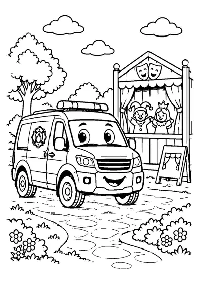 Friendly fire service van by a puppet theater with a jester, crowned princess, open curtains, trees, flowers, and clouds.