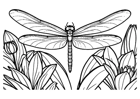 O libelulă mare se odihnește printre flori și frunze de lotus într-un desen de colorat clar, cu spații ușor de umplut pentru copii.