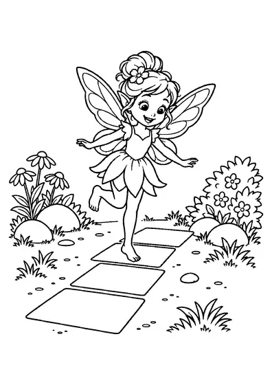 Smiling winged fairy hopping on one foot across four empty hopscotch squares between flowers and rocks.