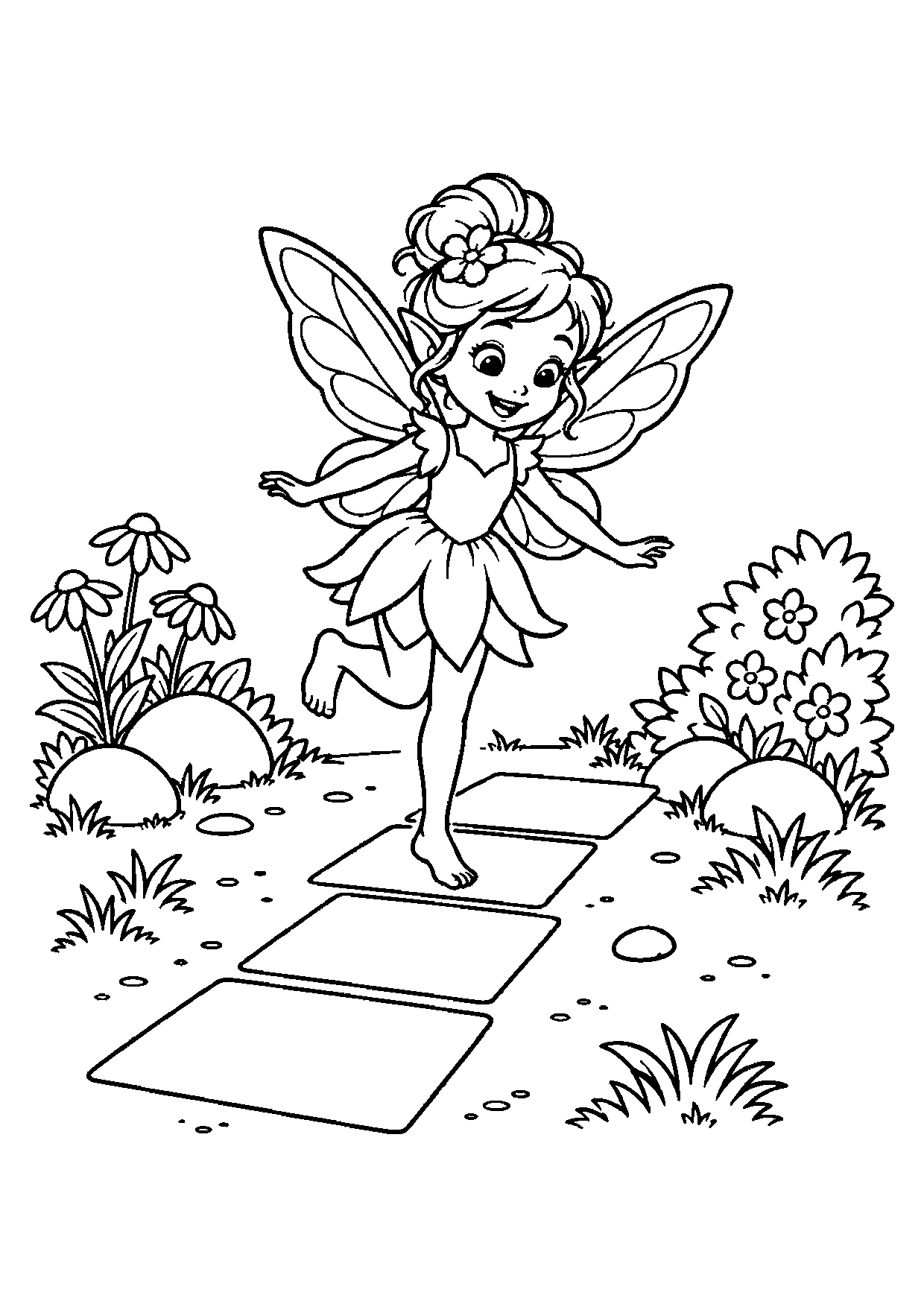 Smiling winged fairy hopping on one foot across four empty hopscotch squares between flowers and rocks.