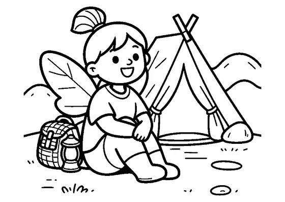 O zână aflată în camping se odihnește lângă un cort construit din frunze, în mijlocul pădurii.