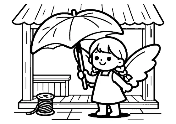 O zână confecționează o umbrelă de ploaie dintr-o frunză uriașă de podbal.