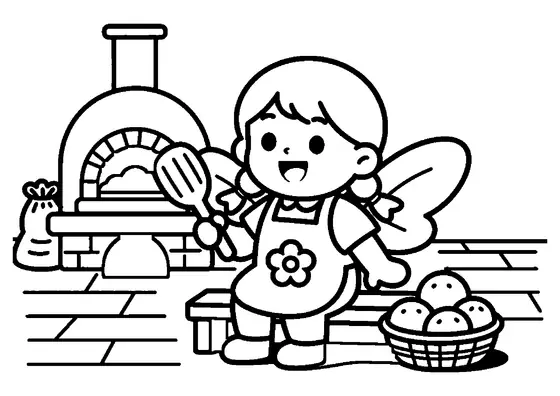 O zână cu șorț scoate pâini proaspete dintr-un cuptor rustic construit din piatră.