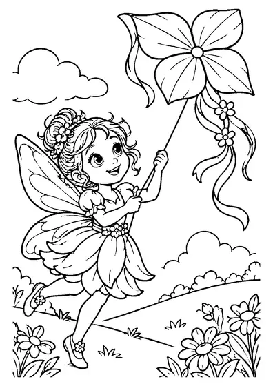 A smiling fairy with butterfly wings runs down a grassy hill holding the string of a large flower-shaped kite