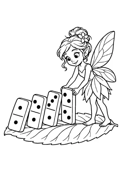 Winged fairy steadying four large stone dominoes with round pips arranged in a row on a broad leaf mat.