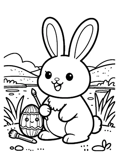 Un conejo de Pascua sentado junto a un estanque del bosque con un huevo tallado y un pincel.