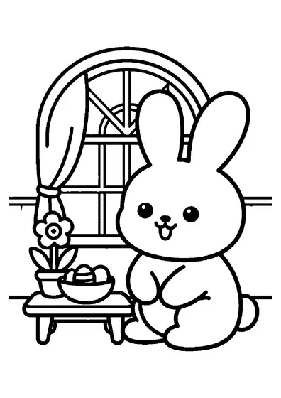 Un conejo sentado en una habitación junto a la ventana, con huevos de Pascua decorados sobre una mesa pequeña.
