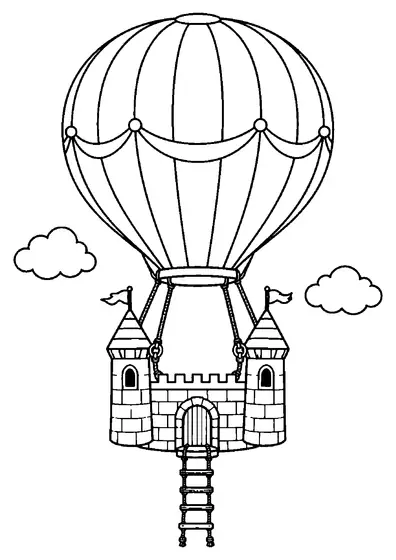 Compact two-tower castle hanging beneath a huge hot air balloon with ropes, a ladder, and two clouds.