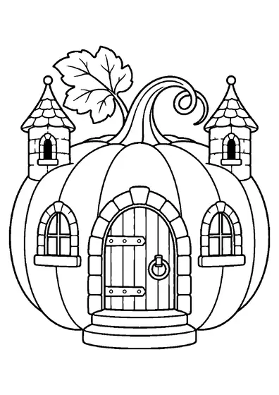 Giant pumpkin castle with an arched wooden door, two windows, two short stone towers, a leaf, and curling stem.