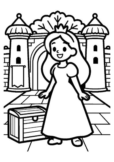 O prințesă zâmbitoare, într-o rochie lungă, stă în curtea palatului lângă o poartă în formă de frunze uriașe de palmier.