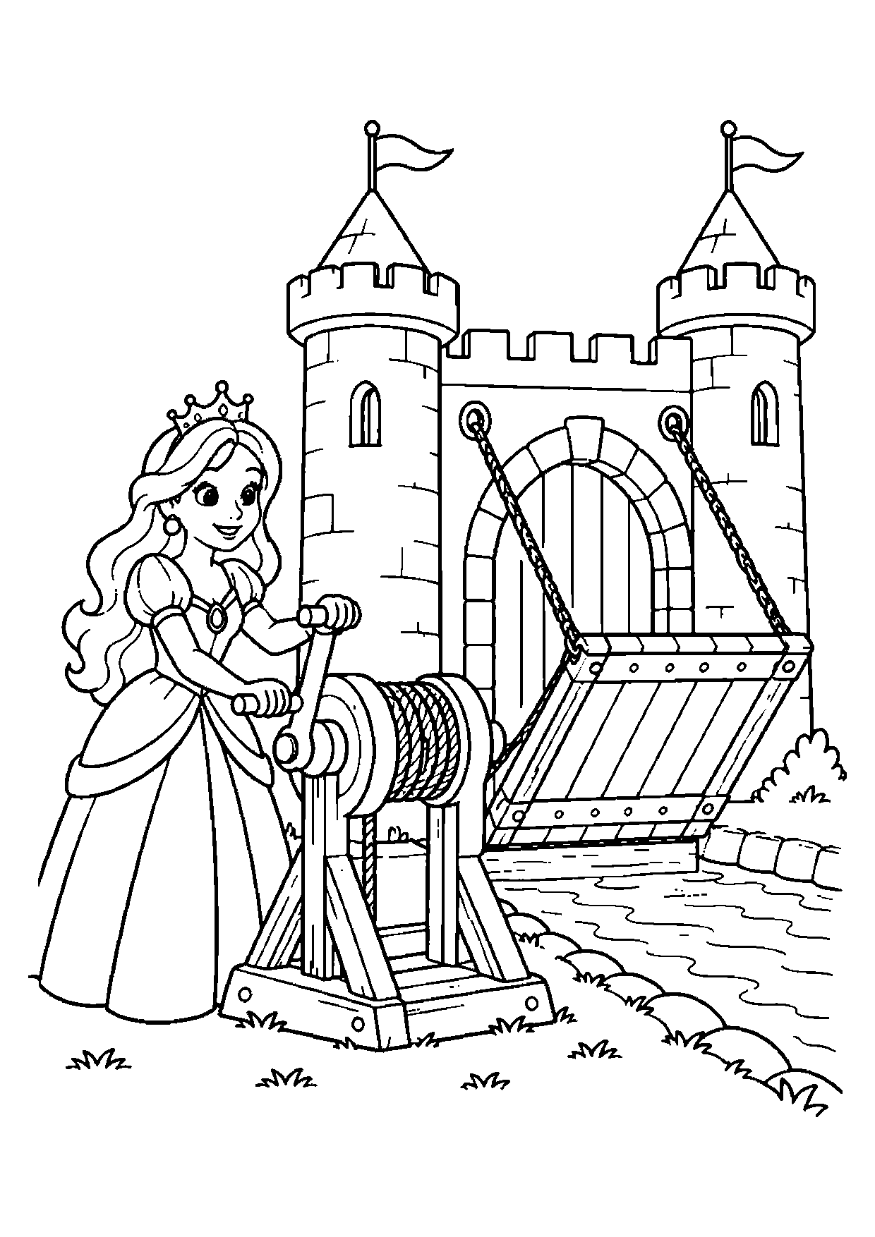 Smiling princess turning a wooden winch as chains lift a short drawbridge over a moat beside two castle towers.
