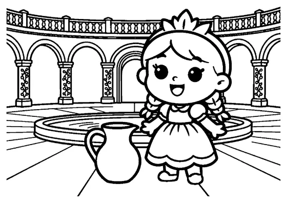 Une princesse tenant une cruche se tient près d’une large fontaine, dans une cour entourée d’arcades ornées de pétales.