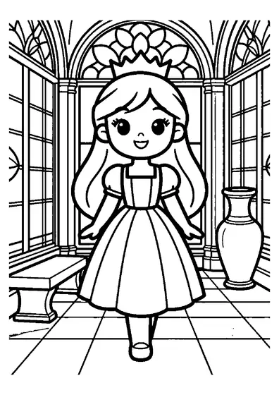 Une princesse passe près d’un banc et d’un vase dans une galerie ornée de grands vitraux.