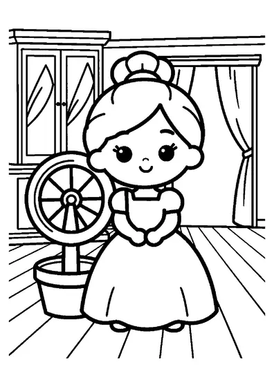Une princesse file au rouet dans une pièce avec une armoire et un panier de tissus.