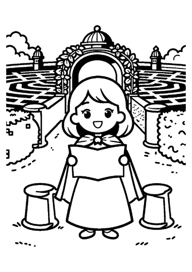 Une princesse tient un plan à l’entrée du labyrinthe du palais, devant un portail couvert de plantes grimpantes.