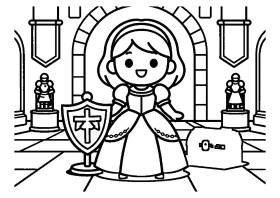 Una princesa observa escudos tallados y armaduras completas expuestas en la gran armería de un castillo.
