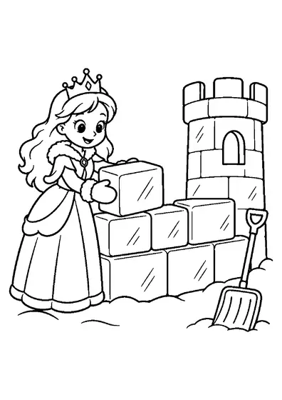 Princess in mittens holding a large ice cube over an ice-block wall with one rounded tower and a snow shovel.