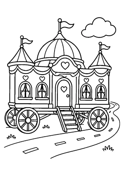 Traveling palace on four wagon wheels beside a curved road with a staircase, three small flags, and one cloud.
