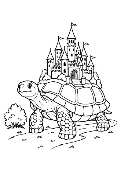Giant tortoise walking on a winding path with a tall fairy-tale castle, pointed towers, flags, and shrubs.