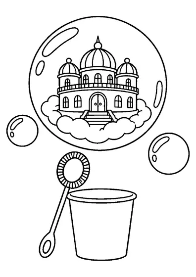 Small domed palace inside a giant soap bubble above a bubble wand and cup, with two smaller bubbles nearby.