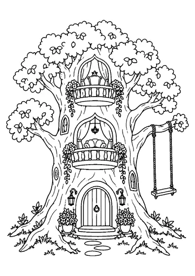 Hollow tree trunk palace with a rounded door, two furnished balconies, a rope swing, potted flowers, and small plants.