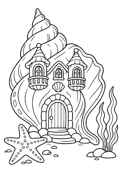 Spiral seashell palace with a rounded door, two balconies, a starfish, seaweed frond, and small rocks.