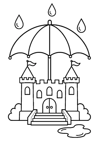 Huge open umbrella protecting a small two-turret palace with three raindrops, front stairs, and one puddle.