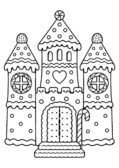 Gingerbread palace with two pretzel windows, a biscuit double gate, icing details, and one candy cane.