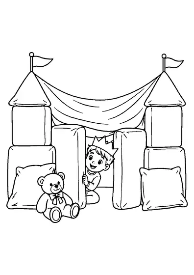 Child in a paper crown peeking from a cushion castle with a blanket roof, two flags, pillows, and teddy bear.