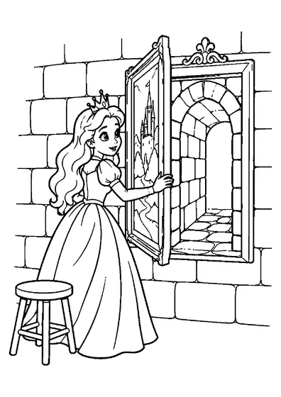 Princess opening a framed picture to reveal a small arched passage in a castle wall beside a round stool.