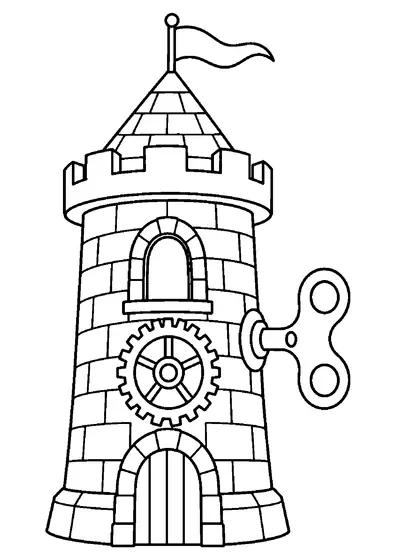 Toy castle tower with a large wind-up key, one round gear, arched window, doorway, pointed roof, and small flag.