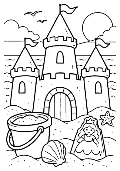 A tall sandcastle with three flag-topped towers on a beach, beside a sand bucket, a scallop shell and a princess mold