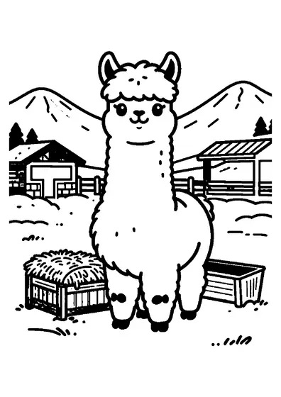 Ein flauschiges Alpaka steht an einer Futterraufe und einem Holztrog in einem winterlichen Gehege zwischen Bergen.