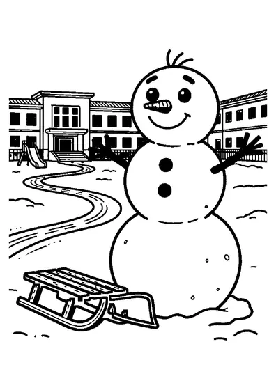 Un bonhomme de neige joyeux avec une luge et une pelle dans la cour enneigée d’une école.