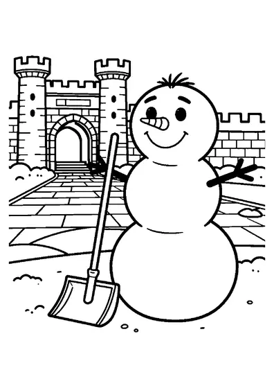 Un bonhomme de neige souriant se tient au milieu de la cour enneigée d’un château.
