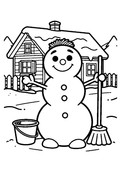 Un bonhomme de neige souriant se tient devant un chalet orné de stalactites de glace et une clôture ensevelie sous la neige.