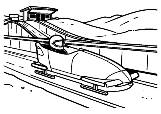 Un bobsleigh de compétition avec un casque et une caisse près du départ d’une piste de glace en montagne.