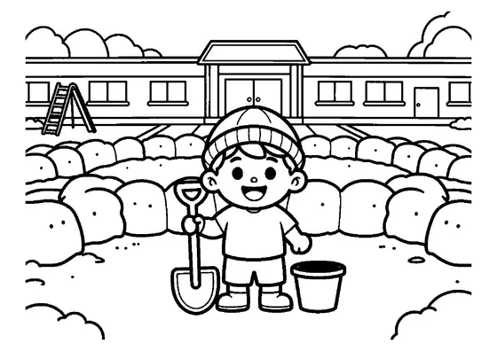 Un garçon souriant se tient près d’un grand fort de neige dans la cour de l’école.