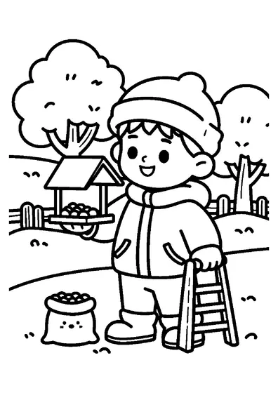 Un niño sonriente con gorro de pompón sujeta un comedero sobre un poste, junto a una escalera y un saco de semillas en un bosque nevado.