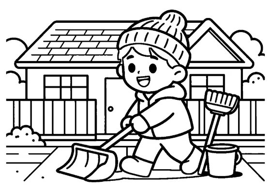 Un niño con gorro de punto, abrigo y guantes retira la nieve de la entrada de casa con una pala ancha.