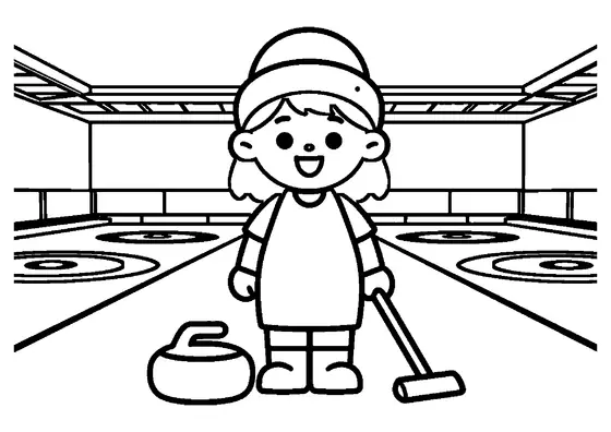 Lächelndes Mädchen mit Curlingstein und Besen auf einer Curlingbahn in einer Halle.