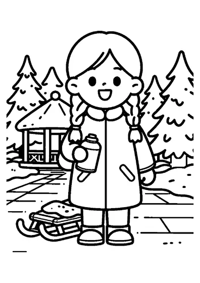 O fată cu părul împletit, îmbrăcată într-o haină lungă de iarnă, ține un termos lângă o sanie, în parc.