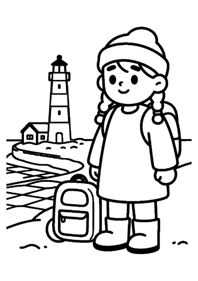 Ein lächelndes Mädchen steht mit Schneeschuhen und Rucksack im verschneiten Hof eines Leuchtturms.