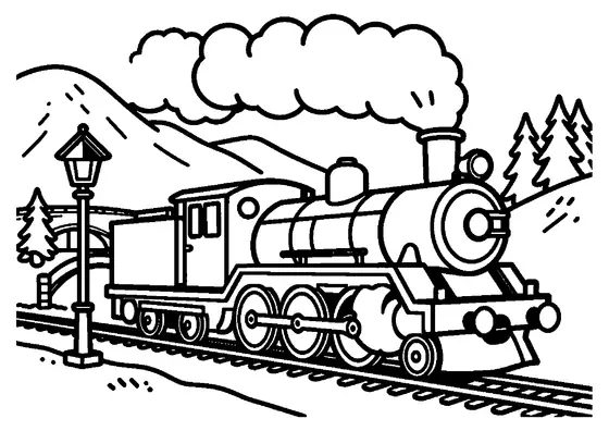 O locomotivă clasică cu abur traversează un defileu înzăpezit și un pod de piatră.