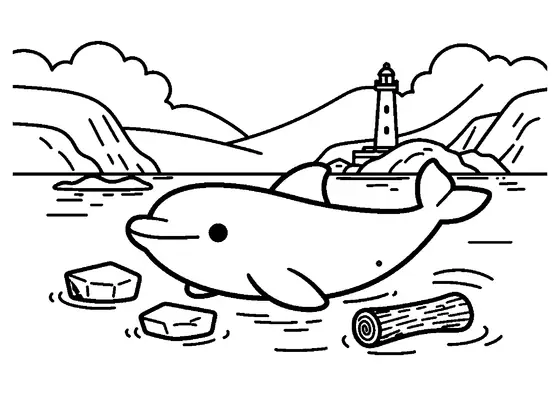 Una marsopa nada en invierno por una cala nevada junto a un alto acantilado marino.