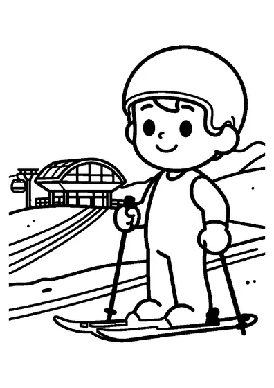 Un garçon avec ses skis se tient près d’une remontée mécanique sur une piste enneigée.