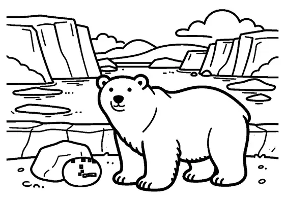 Un urs polar mare stă pe o stâncă, în mijlocul ghețarilor acoperiți de zăpadă din regiunea arctică.